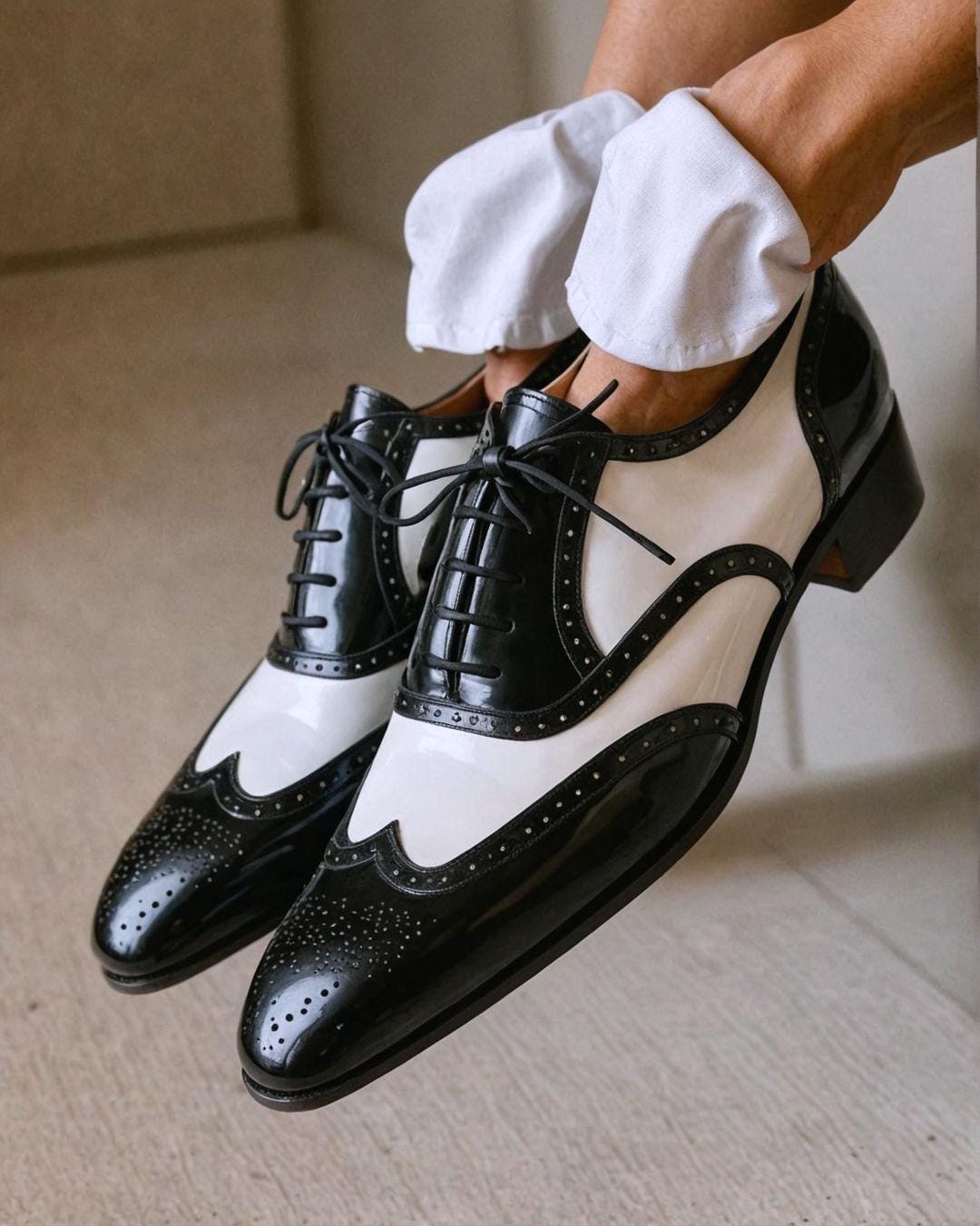 Handmade Black and White Leather Brogue Oxfords: Wingtip Spectator
