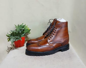 Men's Handmade Tan Leather Brogue Boots: Height Increasing Wingtip Shoes