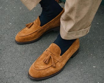 Men's Tan Suede Tassel Loafers: Handcrafted Slip-On Shoes