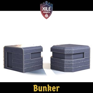 May include: Two grey concrete bunkers with a textured surface. The bunkers are designed for tabletop gaming.