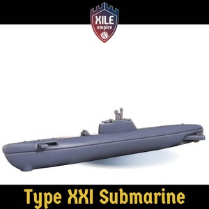 Puede incluir: Modelo gris de un submarino Tipo XXI. El modelo tiene un casco aerodinámico, una torre de mando con detalles y está sobre un fondo blanco. El texto "Type XXI Submarine" está en la parte inferior.