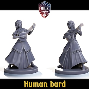 May include: A gray plastic miniature figurine of a human bard playing a lute. The figure is wearing a long dress and has long hair. The figure is standing on a round base.