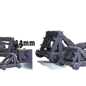 May include: A gray plastic model of a catapult with a 5 printed on a cube in front of it. The catapult is 14mm in size.