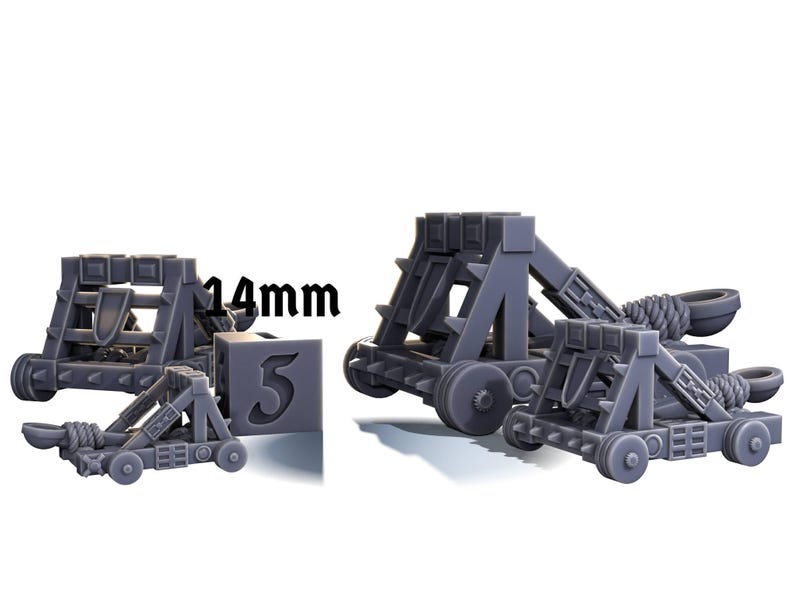 May include: A gray plastic model of a catapult with a 5 printed on a cube in front of it. The catapult is 14mm in size.
