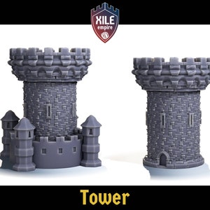 May include: A gray 3D printed tower with a crenellated top and a stone-like texture. The tower has a small doorway and windows. The tower is labeled "Tower".