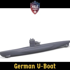 Pode incluir: Um modelo em escala cinza de um submarino U-Boat alemão com uma torre de comando central, um casco alongado e elegante, e detalhes da hélice traseira. A imagem inclui o logotipo XILE empire no topo e o texto German U-Boat na parte inferior.