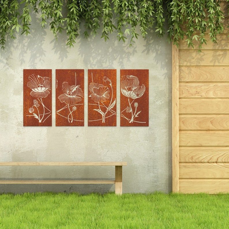 Rusted Corten Steel Wall Art Set Large Wall Art Flowers Etsy