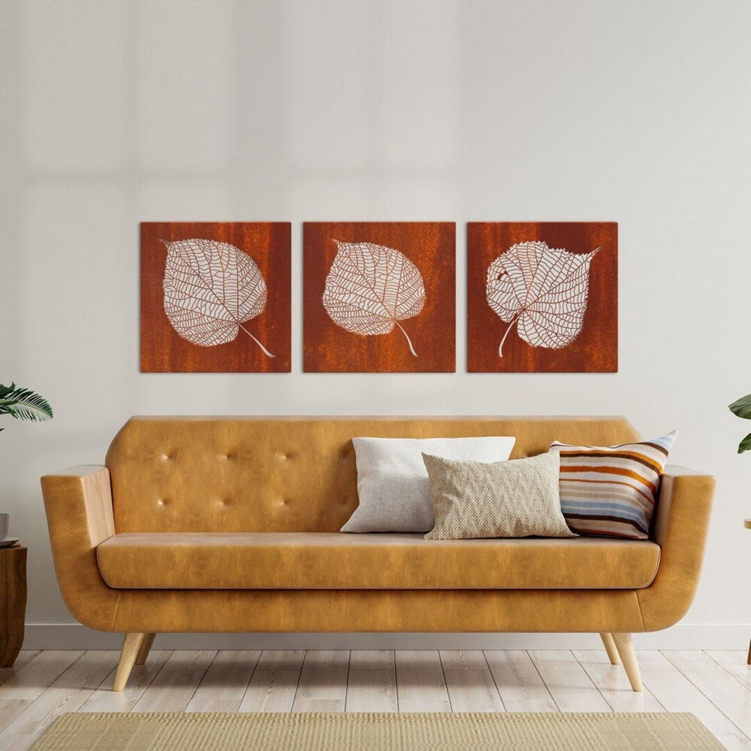Rusty Steel Leaves Wall Art Set Linden Leaf Wall Decor Large Etsy