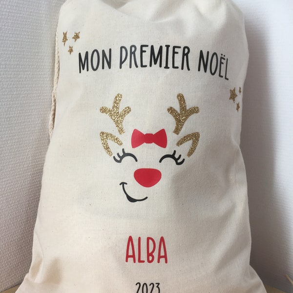 Pochon de Noël personnalisé - Hotte de Noël personnalisée - Mon premier Noël / Joyeux Noël