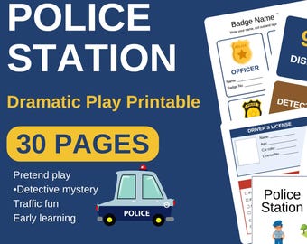 May include: A 30-page police station dramatic play printable set featuring various activity sheets, including badge name tags, a 911 dispatch card, a driver's license form, and a police station sign with a cartoon police car graphic.