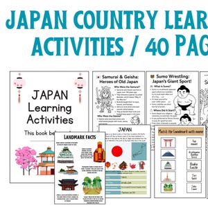 Könnte beinhalten: Eine Sammlung von Lernaktivitätsseiten über Japan. Die Seiten behandeln Themen wie Sehenswürdigkeiten, Sumo-Ringen und ein Ramen-Spiel. Der Titel lautet "Japan Country Learning Activities / 40 Pages".
