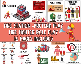 Könnte beinhalten: Ein druckbarer Satz mit 16 Seiten für Rollenspiele, mit einer Feuerwache, Feuerwehrmann-Rollenspiel und Ausrüstung. Der Satz enthält Bilder von einem Feuerwehrauto, einer Feuerwehrmannuniform, einem Feueralarm, einem Feuerwehrhelm, Feuerwehrstiefeln und einem Feuerausgangsschild.