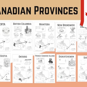 Op de afbeelding: Een verzameling educatieve printables getiteld "CANADIAN PROVINCES". Elke pagina toont een Canadese provincie met zijn vlag, kaart en illustraties van lokale symbolen. De pagina's zijn in zwart en wit, geschikt om in te kleuren.