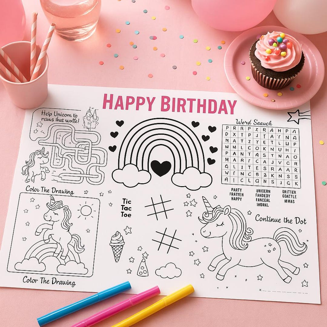 Rainbow Birthday Coloring Place Mat, Printable Unicorn Party Activity ...