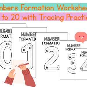 Può includere: Fogli di lavoro didattici per la formazione dei numeri da 0 a 20 con pratica del tracciamento. L'immagine mostra fogli bianchi con i numeri da 0 a 4, ciascuno con linee tratteggiate per il tracciamento. Il titolo è arancione e verde.