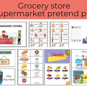Può includere: Un set stampabile di cartelli e carte per giocare a fare finta di essere al supermercato. I cartelli includono "Siamo aperti", "Visa Pay Here", "Grocery Store", "Offerte della settimana", "Latticini" e "Cereali e biscotti". Le carte includono immagini di vari prodotti alimentari e ruoli come "Macellaio", "Cassiere" e "Cliente".