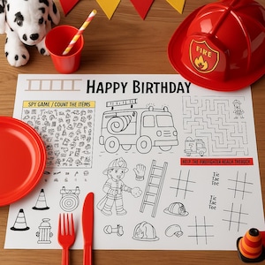 Set de table imprimable camion de pompier | Coloriage anniversaire pompier | Jeux Labyrinthe | Tapis d'éveil pour enfants | Cadeau personnalisé, fichier numérique