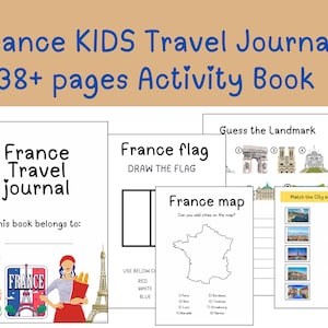 Puede incluir: Un libro de actividades imprimible para niños con temática de Francia. La portada muestra una ilustración colorida de una mujer sosteniendo una baguette, una pila de macarons y la Torre Eiffel. El título es "France Kids Travel Journal 38+ pages Activity Book".