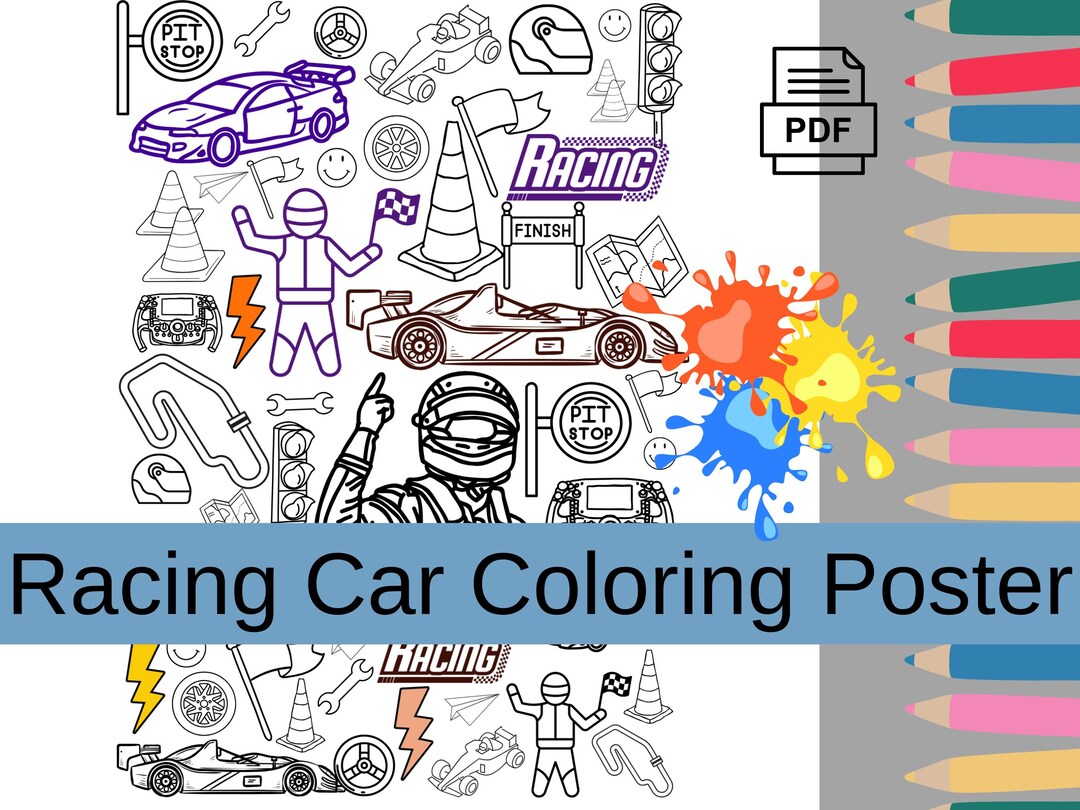 Racing Car Easy Coloring Poster for Kids, Printable Coloring Sheet for ...