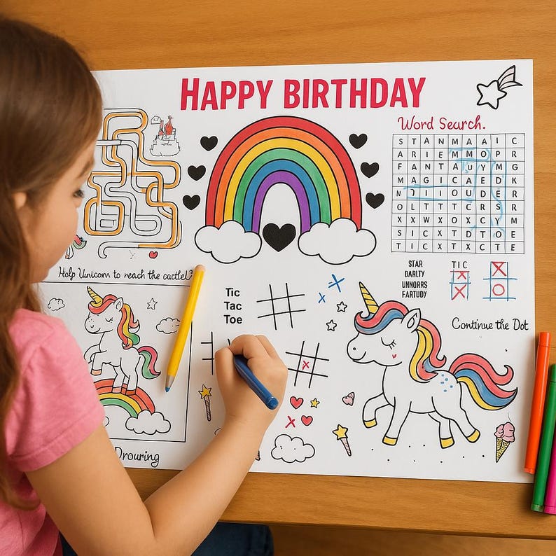 Rainbow Birthday Coloring Place Mat, Printable Unicorn Party Activity ...