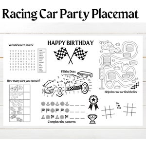 Racing Car Party Placemat | Printable Formula 1 Party Coloring Page | Cars Birthday Activity | Table mat | Car Race Party Games