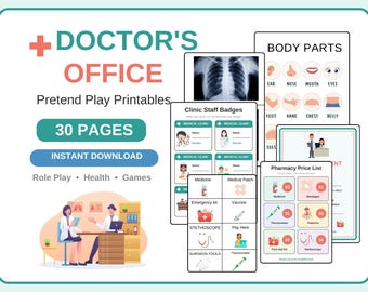 May include: A set of 30 printable pages for a doctor's office pretend play set. Includes sheets labeled Body Parts, Clinic Staff Badges, Pharmacy Price List, and medical equipment icons like a stethoscope, thermometer, and X-ray image.
