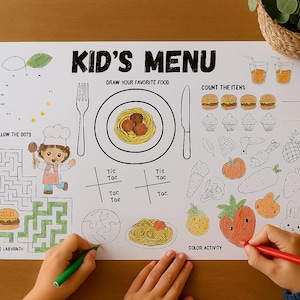 Mantel individual imprimible con actividades para niños / Plantilla de restaurante / Entretenimiento infantil sin pantallas / Juegos para colorear y colorear / Hoja de actividades divertidas