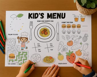 Printable Kids Activity Placemat | Restaurant Template| Kid's Screen-free Entertainment | Coloring & Games for Children | Fun Activity Sheet