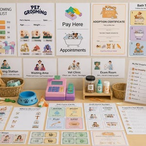 May include: A collection of printable pet grooming and veterinary clinic play materials including a pricelist, adoption certificate, bath time steps, pet care cards, shopping lists, and a toy cash register with various small plastic containers.