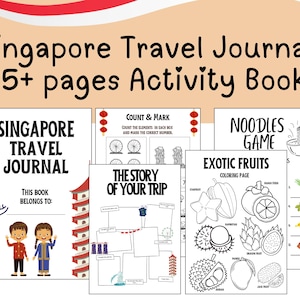 Puede incluir: Un libro de actividades colorido para niños con el tema de un diario de viaje a Singapur. La portada muestra una pagoda roja y blanca, un árbol verde y dos niños con ropa tradicional. El libro incluye actividades como contar, colorear y un juego de fideos.