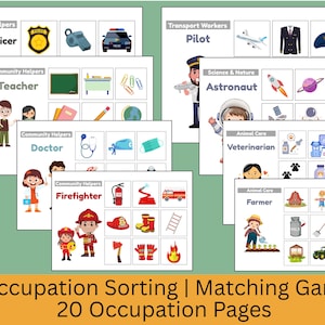 以下が含まれることがあります： さまざまな職業に関するイラストカードを使った教育ゲーム。警察官、教師、医師、消防士、パイロット、宇宙飛行士、獣医、農家向けのカードが含まれています。このゲームは、20 ページの職業ページで並べ替えとマッチングを行います。