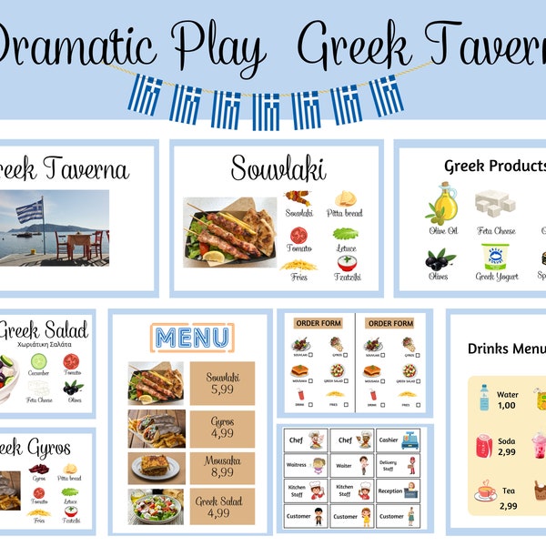 Greek Taverna Restaurant Dramatic Play, Pretend Play, Classroom Dramatic Play, Home Dramatic Play, Playroom, Preschool kids Activities