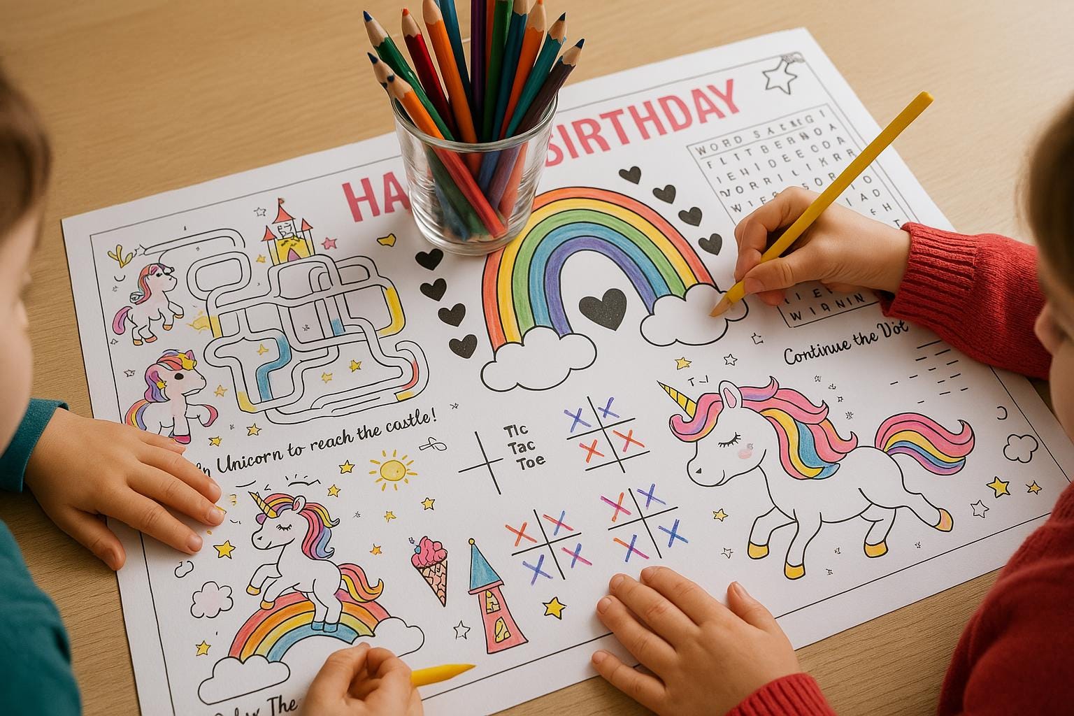 Rainbow Birthday Coloring Place Mat, Printable Unicorn Party Activity ...