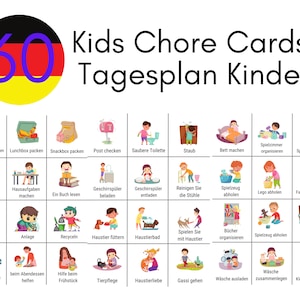 May include: A colorful chore chart for kids with 60 illustrated tasks. The chart includes tasks like packing lunchboxes, doing homework, and helping with chores. The title reads "Kids Chore Cards Tagesplan Kinder."