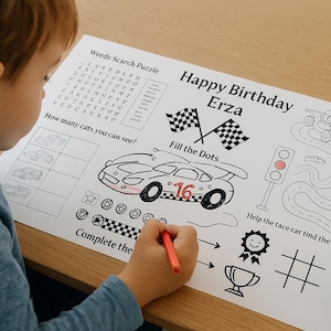 レーシングカー パーティー プレースマット | 印刷可能なフォーミュラ 1 パーティー カラーリング ページ | 車の誕生日アクティビティ | テーブルマット | カー レース パーティー ゲーム