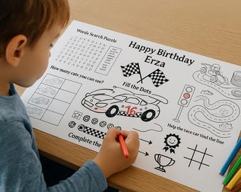 Racing Car Party Placemat | Printable Formula 1 Party Coloring Page | Cars Birthday Activity | Table mat | Car Race Party Games