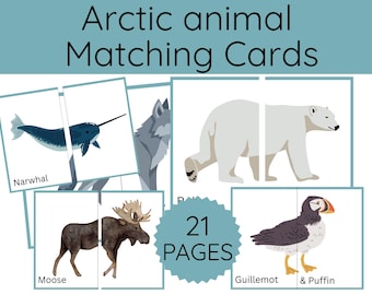 Polar Arctic Animals Matching Cards | 21 Printable Flashcards | Kids Educational Activity | Preschool Activities  | cut and play