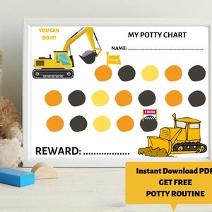 May include: A printable potty training chart featuring a yellow excavator and bulldozer. The chart has a space for a child's name, a reward section, and a series of circles to color in as they progress. The text "YOU CAN DO IT!" and "MY POTTY CHART" are at the top of the chart. The text "START" and "FINISH" are at the beginning and end of the chart.