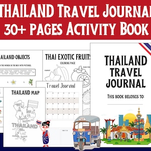 Könnte beinhalten: Ein farbenfrohes Aktivitätsbuch für Kinder mit einem thailändischen Reisetagebuch mit über 30 Seiten. Der Umschlag zeigt einen Tuk-Tuk, einen Tempel und einen Elefanten. Das Buch enthält Aktivitäten wie Malvorlagen, eine Karte von Thailand und ein Zuordnungsspiel.