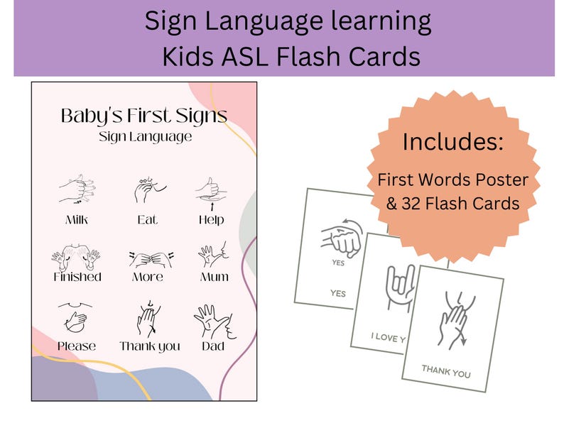 Set of Sign Language Printable Poster and ASL Flash Cards, Baby First ...