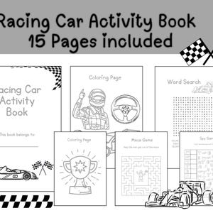 印刷可能なレースカーの誕生日アクティビティブック | 子供向けパーティー向け15ページ、フォーミュラの塗り絵、ホイール | ホットカー | ゲームと塗り絵