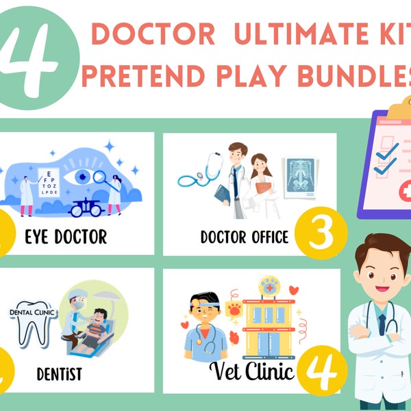Pretend Play Doctor set, Dentist, Eye doctor, Optician, Vet Clinic  Printable dramatic play, kids role play, Montessori learning activity