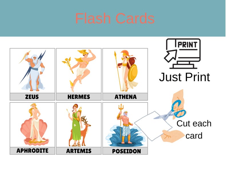 24 Greek Mythology Printable Flashcards for Kids, 12 GREEK GODS ...