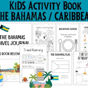 Può includere: Un libro di attività per bambini intitolato "KIDS ACTIVITY BOOK THE BAHAMAS / CARIBBEAN". Il libro include pagine da colorare, itinerari di viaggio e disegni della cucina bahamense. La copertina presenta un cuore che tiene una bandiera e il testo "THE BAHAMAS TRAVEL JOURNAL."