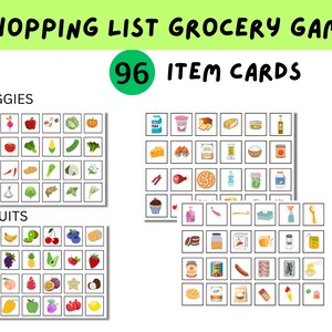 May include: A set of 96 colorful grocery item cards for a shopping list game. The cards are divided into three categories: fruits, veggies, and other grocery items. The cards are printed on white paper with black borders.