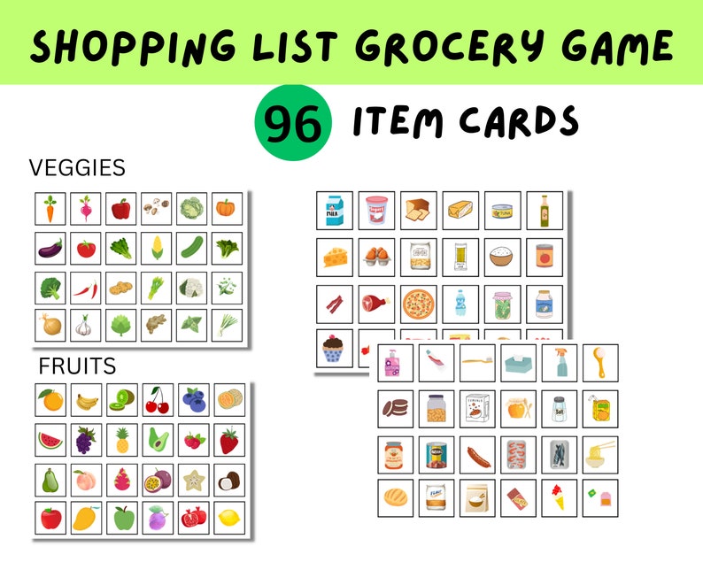 May include: A set of 96 colorful grocery item cards for a shopping list game. The cards are divided into three categories: fruits, veggies, and other grocery items. The cards are printed on white paper with black borders.