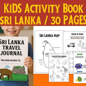 Op de afbeelding: Een kind houdt een wit "Sri Lanka Travel Journal" boek vast met een olifantenillustratie. Het boek maakt deel uit van een "Kids Activity Book" met 30 pagina's, waaronder een kaart, kleurplaten en teloefeningen.