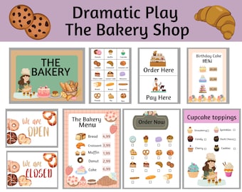 Könnte beinhalten: Ein farbenfrohes, druckbares Spielset zum Rollenspiel in einer Bäckerei. Das Set enthält Schilder für "Die Bäckerei", "Hier bestellen", "Hier bezahlen", "Jetzt bestellen", "Wir sind geöffnet", "Wir sind geschlossen" und "Cupcake-Toppings". Es gibt auch Bilder von verschiedenen Backwaren, darunter Brot, Croissants, Muffins, Donuts, Kuchen und Cupcakes.