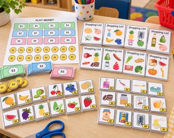 May include: A children's educational play money and grocery shopping game set. Includes a sheet of paper labeled PLAY MONEY, stacks of paper bills, circular cardboard coins, eight Shopping List cards, and various food item cards with prices.