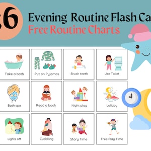 Afdrukbare flashcards voor het slapengaan voor kinderen | Nachtroutinetabel | Visueel slaapschema | Avondchecklist voor peuters en kleuters